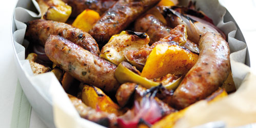Sausages baked with apples & squash recipe
