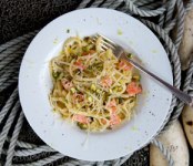 Poached wild Alaska Salmon, Lemon and Tarragon Linguine
